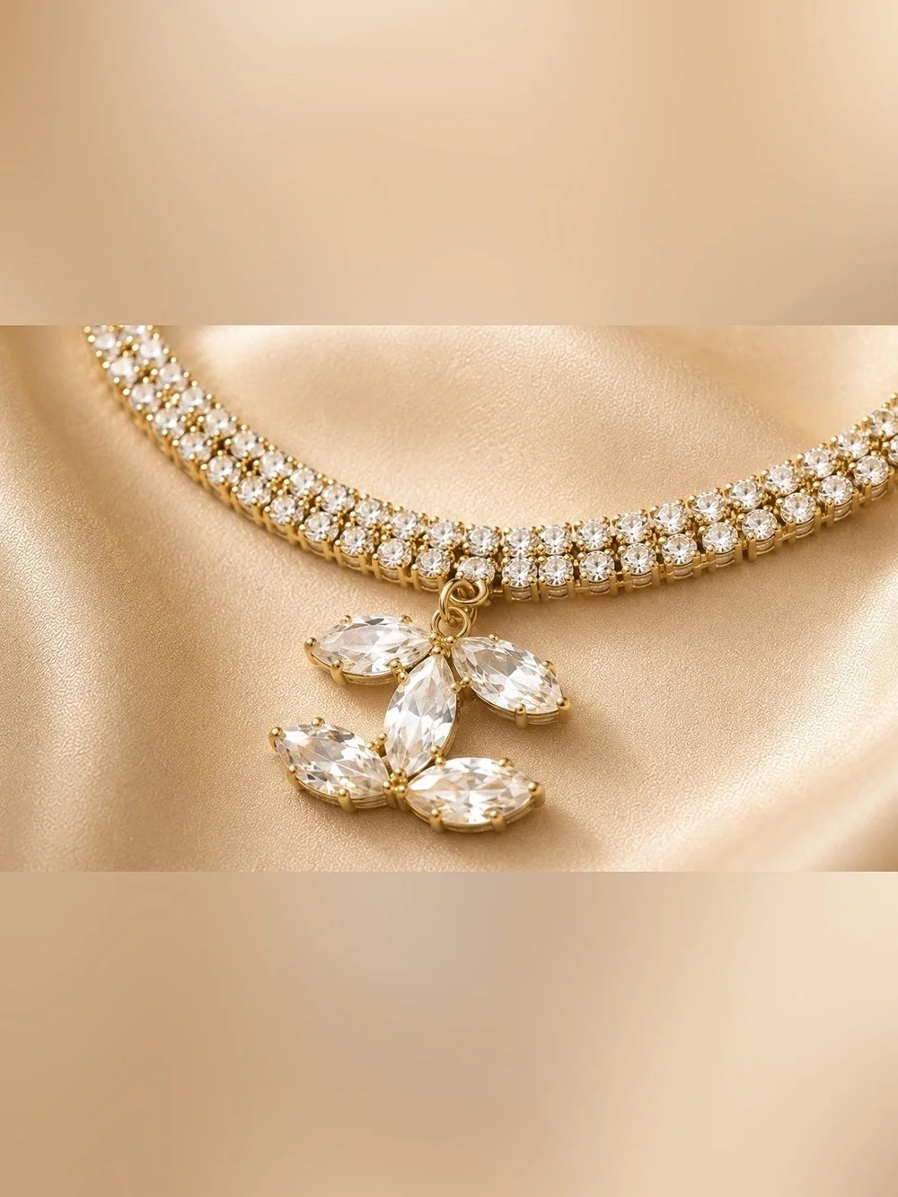 Gold Rhinestone Crystal CC Pendant Choker Necklace
